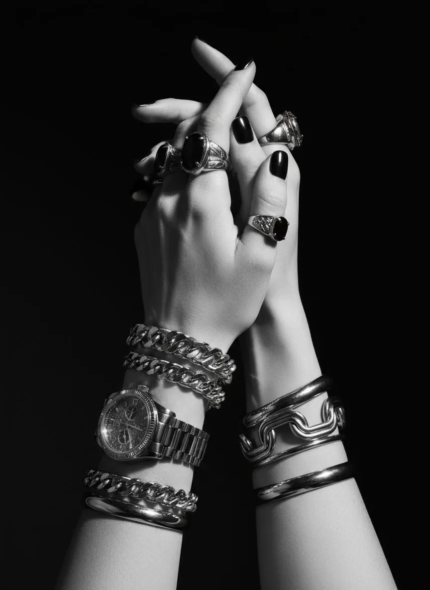 Hands with gold jewelry and currency representing luxury tribute