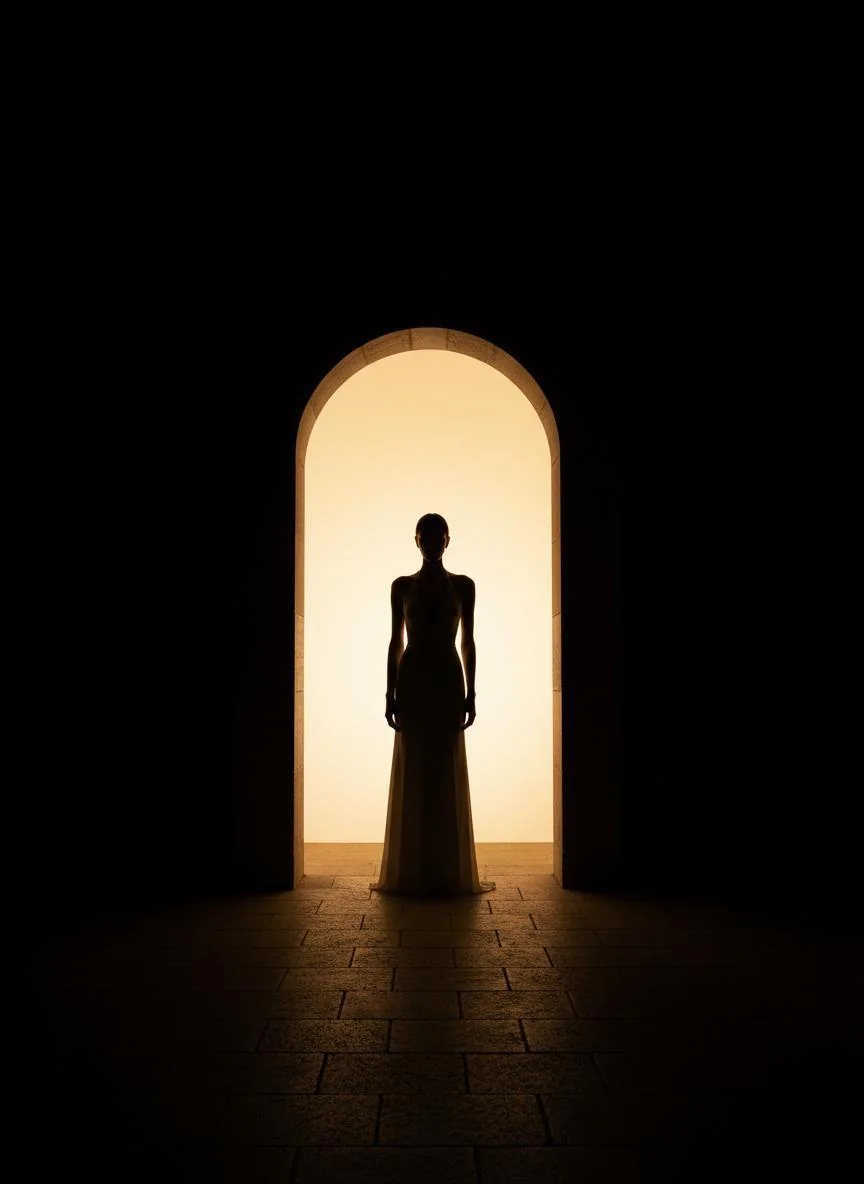 Silhouette in a doorway representing entry into the findom lifestyle
