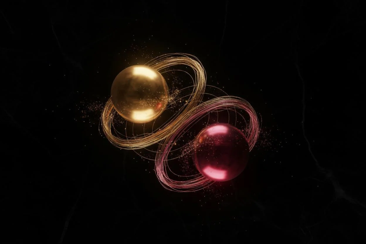 Two glowing orbs linked by light to represent power exchange